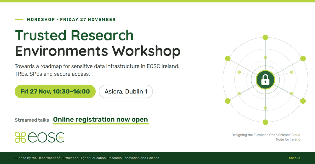 Promotional poster for the EOSC Ireland Trusted Research Environments Workshop, taking place on Friday 27 November from 10:30 to 16:00 at the Asiera venue, Dublin 1.